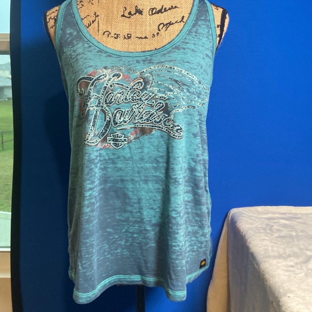 Harley-Davidson Winged Logo Burnout Teal Tank Top Rhinestone Accents Sz Medium 😍